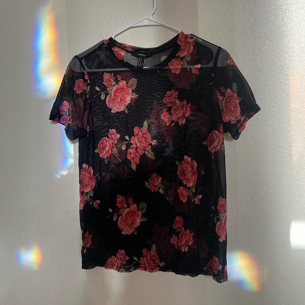 Sheer Black With Red Roses Top Size M